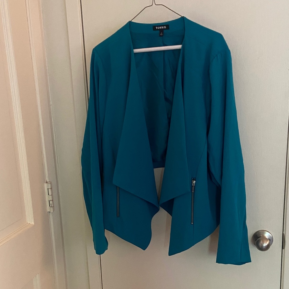 torrid Teal Waterfall Draped Blazer with Zipper Accents